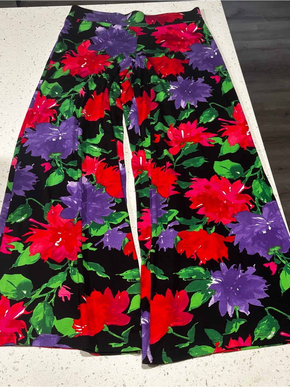 Lauren Wide-Leg Floral Print Pants in Black with Red & Purple Blooms